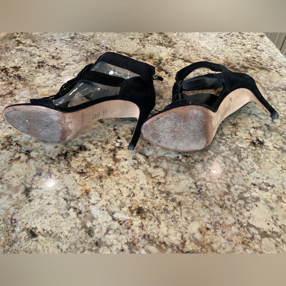 Via Spiga Black Suede Fringe Ankle-Strap Heels - Picture 6 of 7